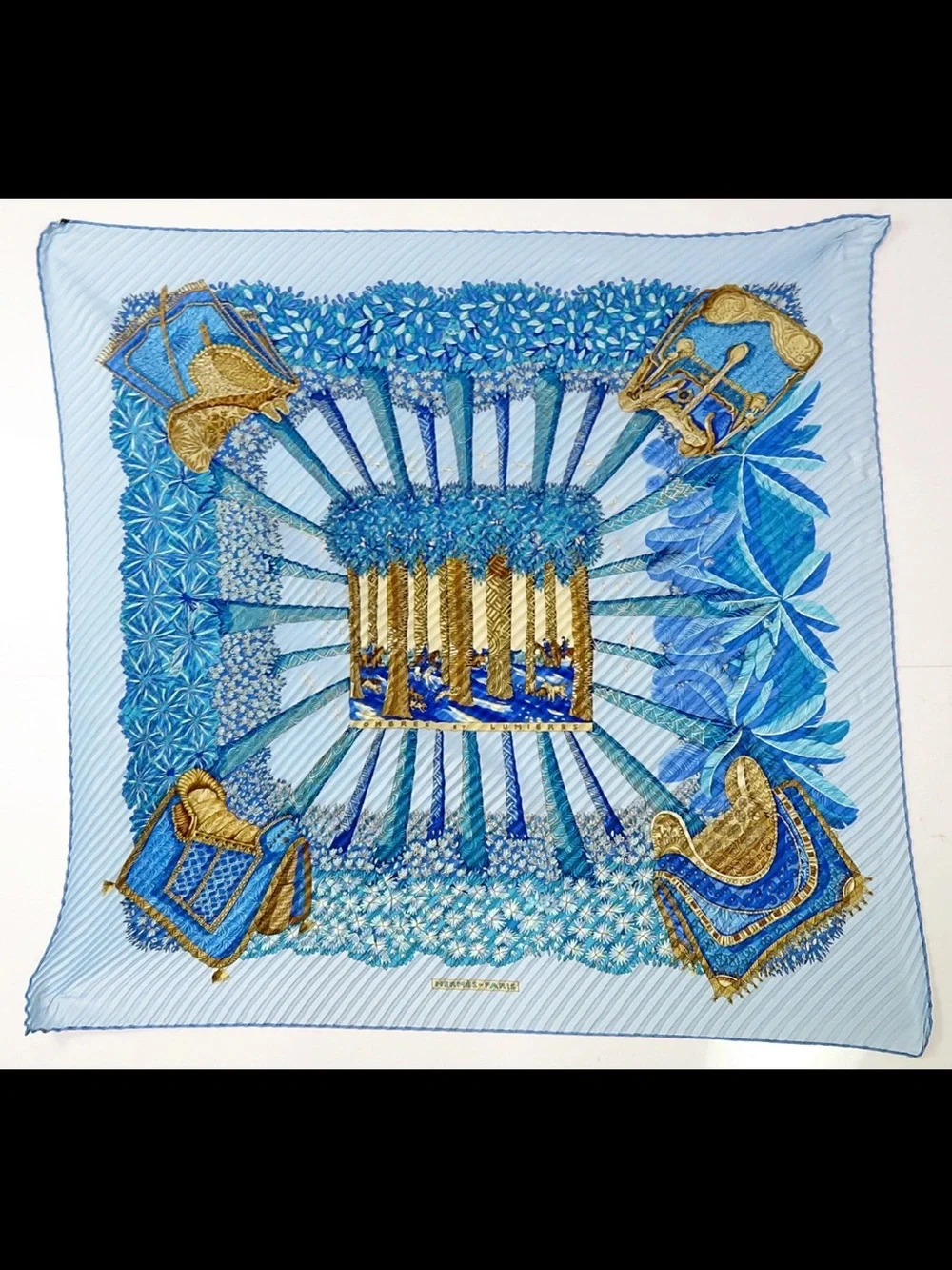 Hermes Light Blue & Gold Pleated Silk Scarf